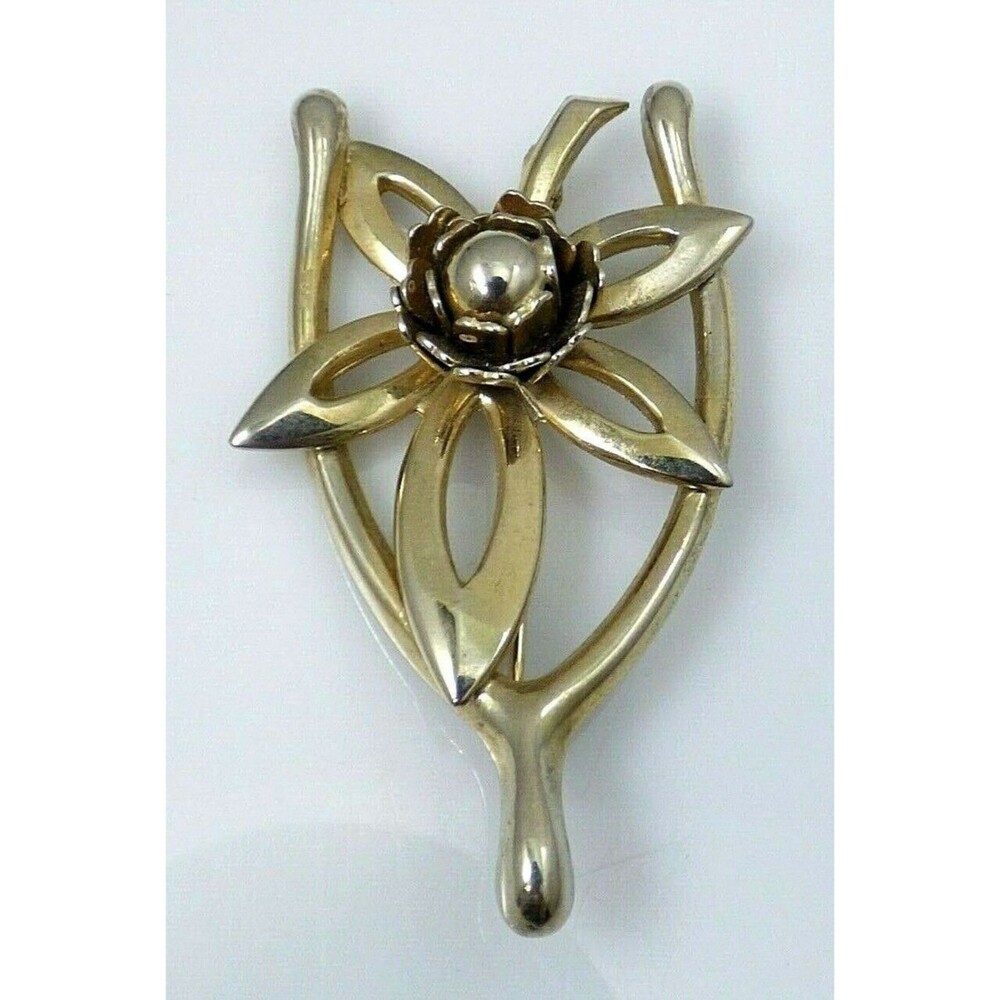 Lucky Wishbone Flower Brooch Pin Gold Tone Metal Layered Vintage Unique Detail!
